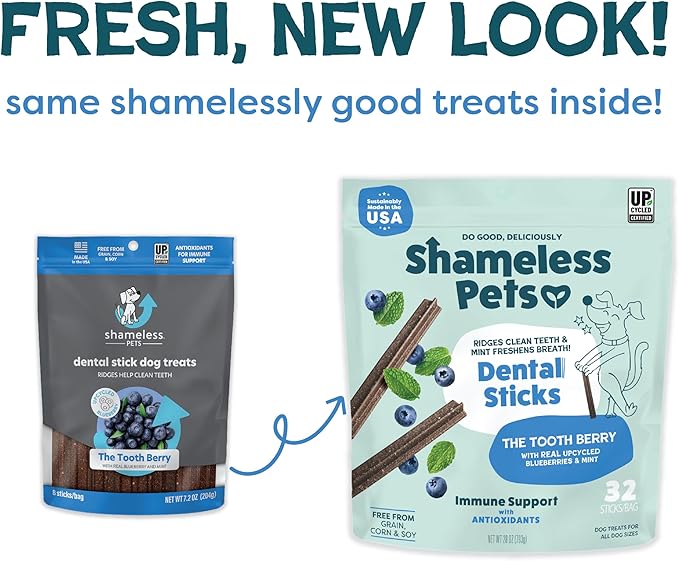 Shameless Pets Blueberry & Mint Dental Chews for Dogs, 32 Chews - Natural Dog Teeth Cleaning Treats with Fresh Breath Benefits | Grain-Free Dental Sticks for Small, Medium & Large Dogs