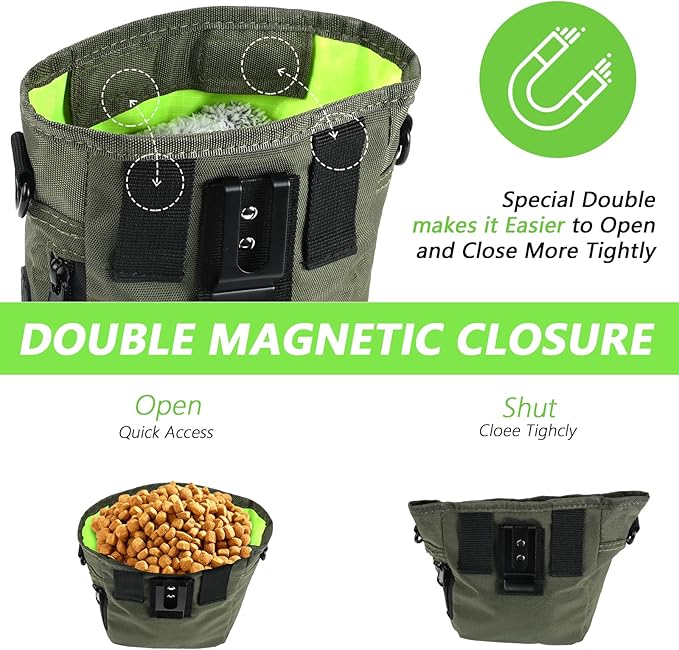 Dog Treat Pouches for Pet Training with Magnetic Closure Treat Pouches for Pet Training,Large Dog Treat Training Pouch and Dog Clicker,Training Treat Pouch Built-in Poop Bag Dispenser-Green