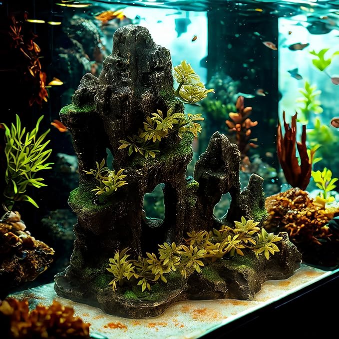 Aquarium Decorations Large Mountain View Stone Ornaments, Fish Tank Decorations Extra Large and Tall Aquarium Decor for Fish Tank Hideout Tree House Rock Cave for Small Fish Betta Hideaway Cave