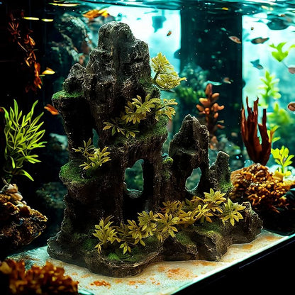 Aquarium Decorations Large Mountain View Stone Ornaments, Fish Tank Decorations Extra Large and Tall Aquarium Decor for Fish Tank Hideout Tree House Rock Cave for Small Fish Betta Hideaway Cave