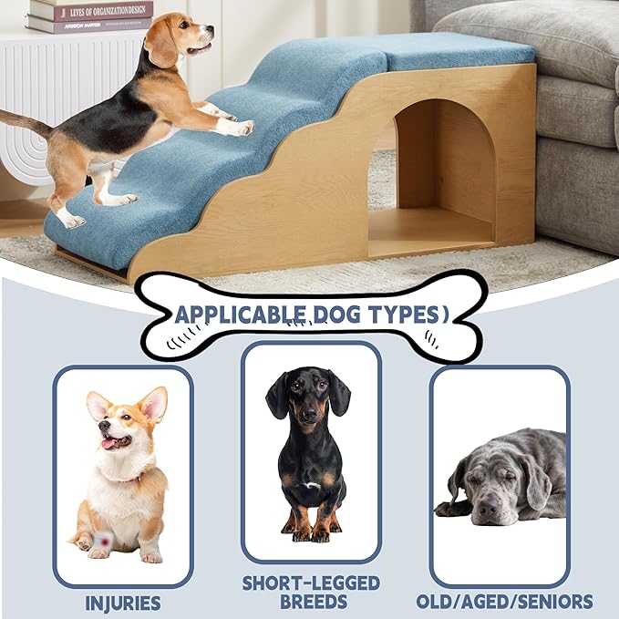 40.9" Lx15.7 Wx17.7 H Dog Ramp and Stairs for Beds,Up to 200 lbs Durable Wooden Dog Steps with Storage&Hideout Space,Curved Pet Stairs for Couch,Sofa, with Washable Cover&High Density Foam-Blue