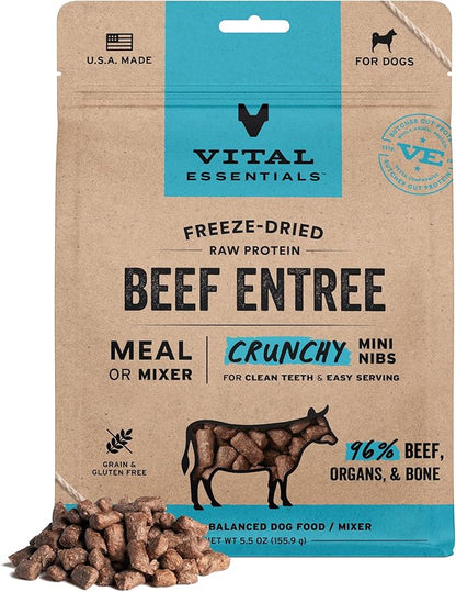 Vital Essentials Freeze-Dried Raw Beef Crunchy Mini Nibs | Complete Meal or Mixer Dog Food | 5.5 oz