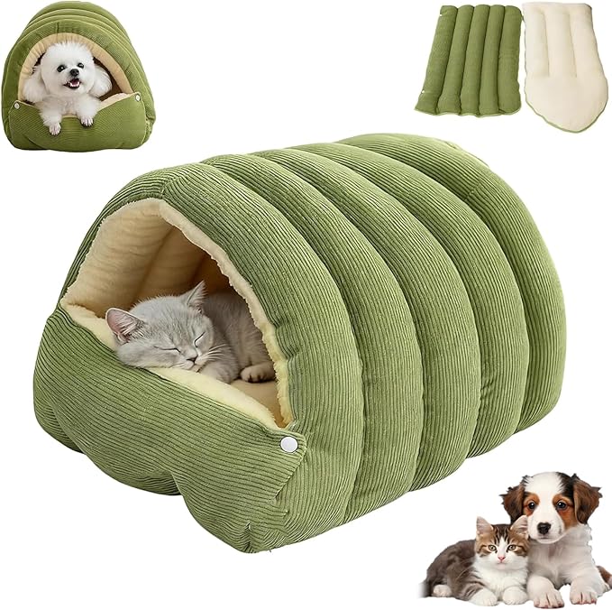 Cozy Monster Cat Bed, Soft and Warm Cats House Tent Bed, Pet Cave for Indoor Cats, Removable Cushioned Interior, Ideal for Cats, Kittens & Small Dogs (Green, S)