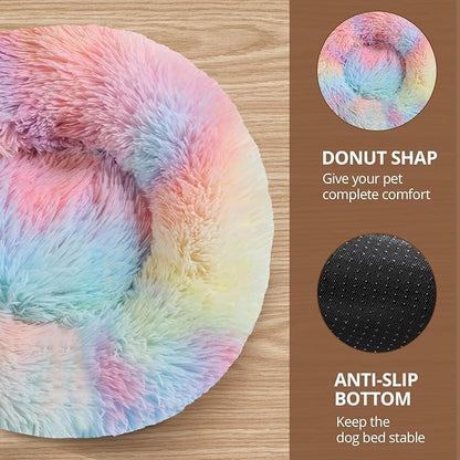 JOLLYVOGUE Small Dog & Cat Beds for Indoor Cats, Donut Cuddler Warming Soft Dog Beds with Anti-Slip Bottom, Round Calming Fluffy Plush Faux Fur Cushion Bed for Small Dogs (23", Rainbow)