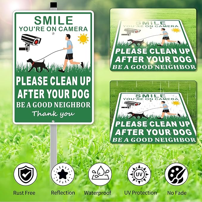(2 Pack) Clean Up After Your Dog Signs, Please Pick Up After Your Dog Sign for Yard, No Pooping Dogs Signage -10x35 Heavy Duty Aluminum Weather Resistant and Easy to Install with Stake (Green)