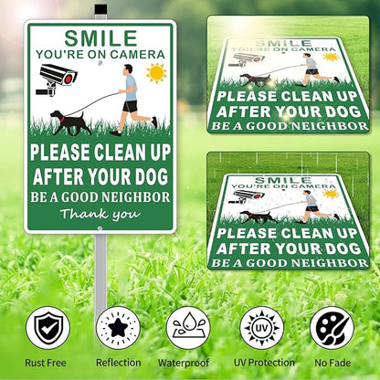 (2 Pack) Clean Up After Your Dog Signs, Please Pick Up After Your Dog Sign for Yard, No Pooping Dogs Signage -10x35 Heavy Duty Aluminum Weather Resistant and Easy to Install with Stake (Green)