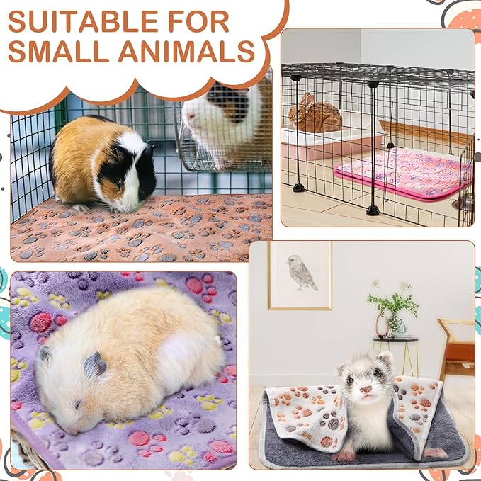 Reginary 4 Pcs Waterproof Guinea Pig Blankets Washable Small Animal Fleece Bedding Guinea Pig Cage Liners Reusable Training Pads Pet Pee Pad Sleep Mat for Hamster(Paw Print,28 x 14 Inch)