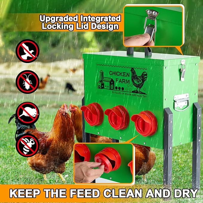 30lb Chicken Feeder- Automatic Port 6 Ports No Waste Poultry Feeder,Chicken Coop Accessories，Waterproof Metal Chicken Feeder Suitable for Poultry Feeding Outdoors and Indoors