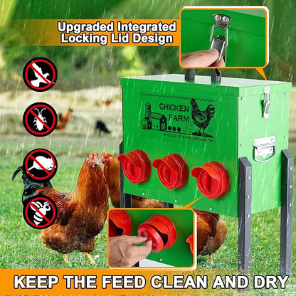 30lb Chicken Feeder- Automatic Port 6 Ports No Waste Poultry Feeder,Chicken Coop Accessories，Waterproof Metal Chicken Feeder Suitable for Poultry Feeding Outdoors and Indoors
