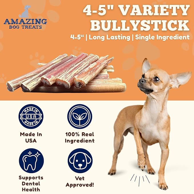 Amazing Dog Treats - 4-6 Inch Variety Bully Sticks (10 oz) - All Natural Rawhide Alternative - Long Lasting Dog Treats - No Hide Dog Chew- 100% Beef - Promotes Canine Dental Health