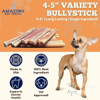 Amazing Dog Treats - 4-6 Inch Variety Bully Sticks (10 oz) - All Natural Rawhide Alternative - Long Lasting Dog Treats - No Hide Dog Chew- 100% Beef - Promotes Canine Dental Health