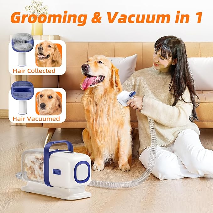 Dog Grooming Kit with Vacuum, 15000Pa Pet Hair Clipper and Shedding Brush, 50dB Low Noise, 2L Capacity, White