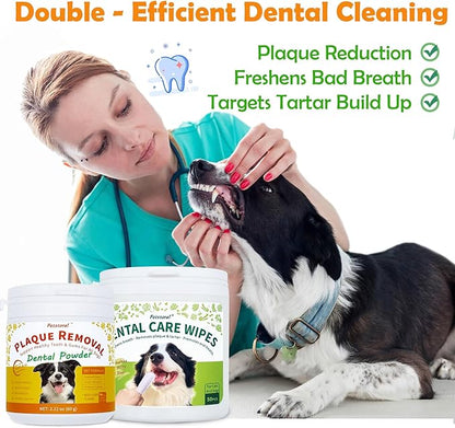 Dental Cleaning Kit, Dental Care Wipes to Clean Plaque on The Surface of The Teeth, Beef Liver Flavour Dental Powder with Probiotic to Solve Oral Problems from The Inside of Digestion