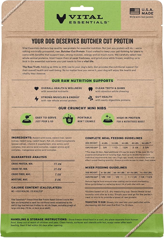 Vital Essentials Freeze-Dried Raw Rabbit Crunchy Mini Nibs | Complete Meal or Mixer Dog Food | 14 oz
