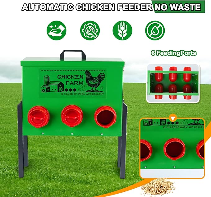30lb Chicken Feeder- Automatic Port 6 Ports No Waste Poultry Feeder,Chicken Coop Accessories，Waterproof Metal Chicken Feeder Suitable for Poultry Feeding Outdoors and Indoors