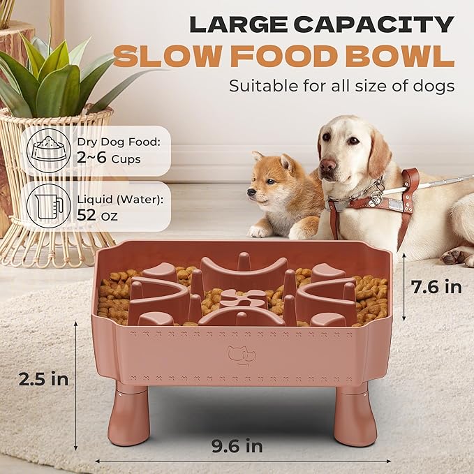 UPSKY Slow Feeder Dog Bowl, 2-in-1 Raised Dog Bowl with Anti-Choking Maze Puzzle, 2-6 Cups Pet Food for Small & Medium Breeds, Interactive Pet Feeder to Slow Eating, Reduce Boredom Pink