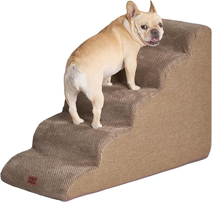 EHEYCIGA Curved Dog Stairs Ramp for High Beds 22.6" H, 5-Step Dog Steps for Small Dogs and Cats, Pet Stairs for High Bed Climbing, Non-Slip Balanced Pet Step Indoor, Camel