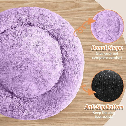 JOLLYVOGUE Small Dog & Cat Beds for Indoor Cats, Donut Cuddler Warming Soft Dog Beds with Anti-Slip Bottom, Round Calming Fluffy Plush Faux Fur Cushion Bed for Small Dogs (23", Purple)