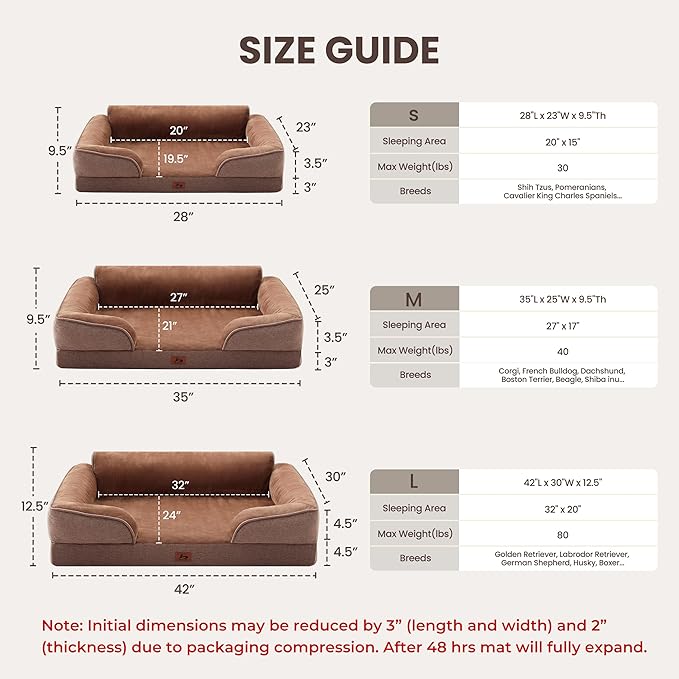 XL Orthopedic Dog Beds for Large Dogs, Waterproof Egg-Crate Foam Pet Couch Bed with Soft Sides, Non-Slip Dog Sofa with Flannel Removable Washable Cover, 42" L Supportive Pet Sofa, Brown