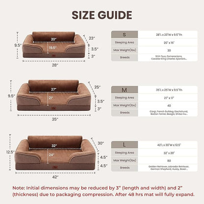 XL Orthopedic Dog Beds for Large Dogs, Waterproof Egg-Crate Foam Pet Couch Bed with Soft Sides, Non-Slip Dog Sofa with Flannel Removable Washable Cover, 42" L Supportive Pet Sofa, Brown
