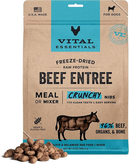 Vital Essentials Freeze-Dried Raw Beef Crunchy Nibs | Complete Meal or Mixer Dog Food | 14 oz