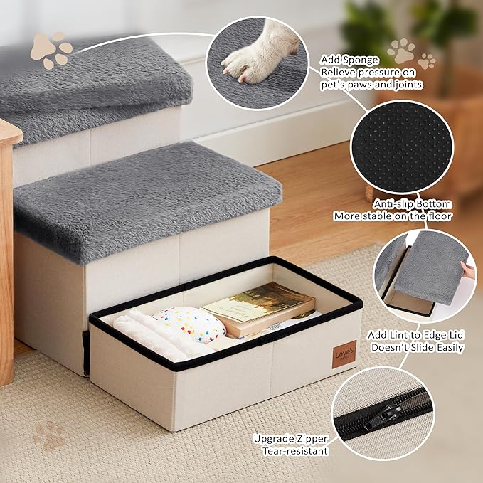 Love's cabin Dog Stairs for High Bed 18" H,3 Steps with Furry Lids Pet Stairs for Small Medium Large Dogs,Foldable Cat Ramp with Zip up to 200 lbs,Grey