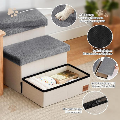 Love's cabin Dog Stairs for High Bed 18" H,3 Steps with Furry Lids Pet Stairs for Small Medium Large Dogs,Foldable Cat Ramp with Zip up to 200 lbs,Grey