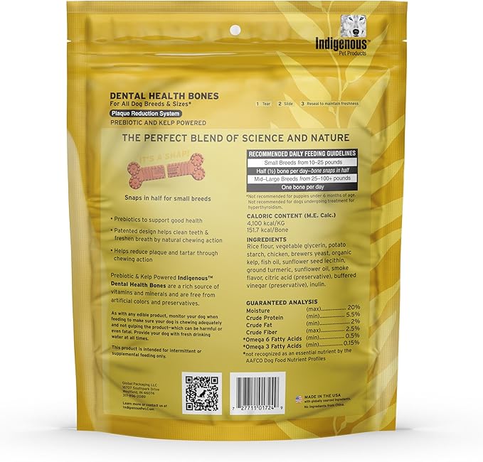 Indigenous Pet Dental Health Bones Regular 2 Pack – Chicken (17 Ounce x 2) | Grain-Free Dog Chews with Prebiotics & Omegas | Freshens Breath, Supports Digestive, Skin & Coat Health |