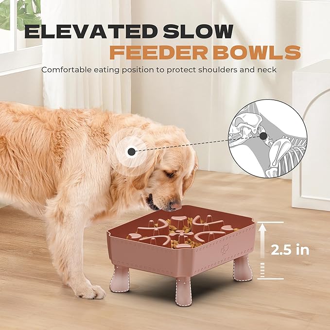 UPSKY Slow Feeder Dog Bowl, 2-in-1 Raised Dog Bowl with Anti-Choking Maze Puzzle, 2-6 Cups Pet Food for Small & Medium Breeds, Interactive Pet Feeder to Slow Eating, Reduce Boredom Pink