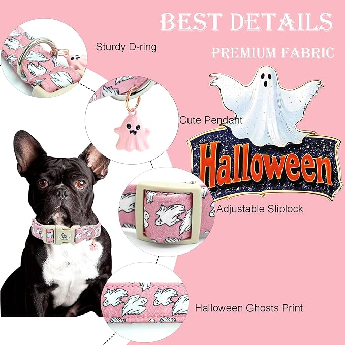 Elegant little tail Halloween Dog Collar, Ghosts Print Pink Halloween Pet Collars Cotton Soft Sturdy Puppy Collars Holiday Female Adjustable Collar for Small Dogs
