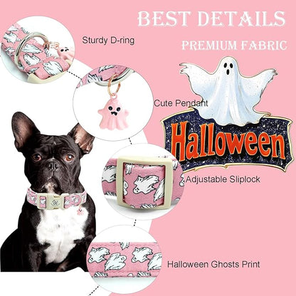 Elegant little tail Halloween Dog Collar, Ghosts Print Pink Halloween Pet Collars Cotton Soft Sturdy Puppy Collars Holiday Female Adjustable Collar for Small Dogs