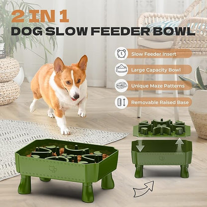 UPSKY Slow Feeder Dog Bowl, 2-in-1 Raised Dog Bowl with Anti-Choking Maze Puzzle, 2-6 Cups Pet Food for Small & Medium Breeds, Interactive Pet Feeder to Slow Eating, Reduce Boredom Deep Green