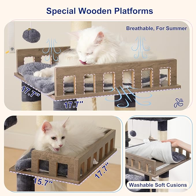 Maine Coon Cat Tree, Heavy Duty Cat Tree for Indoor Cats Large Adult, Cat Tower for Large Cats 20 lbs+ with Hammock, 2 Big Perches, 2 Cat Condos, 15 Scratching Posts, Smoky Gray GCT033G