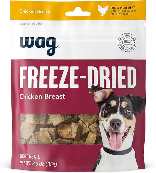 Amazon Brand - WAG Dog Treats Freeze Dried Raw Single Ingredient Chicken Breast, High Protein, Healthy Training Treats or Meal Topper for all Dogs, Grain-Free, 3 Oz (Pack of 1)