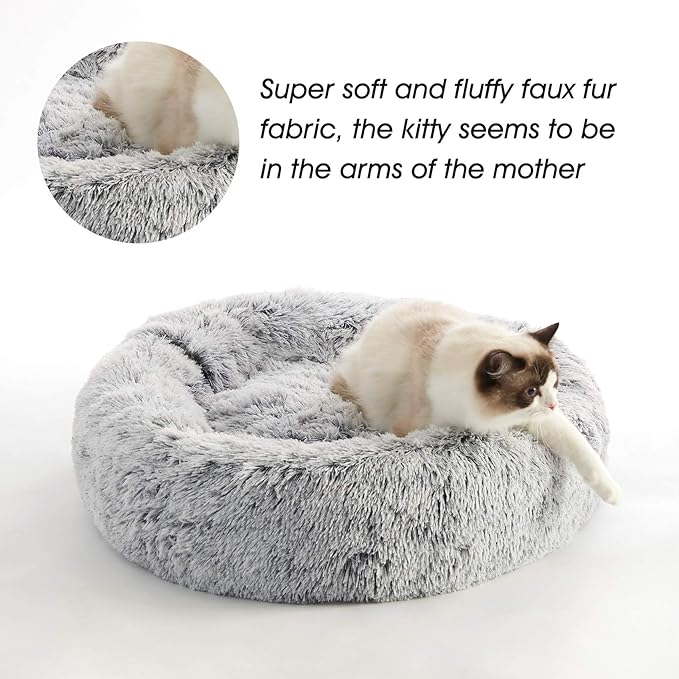 WESTERN HOME WH Calming Soft Round Dog & Cat Bed, Anti-Anxiety Donut Cuddler Warming Cozy Fluffy Faux Fur Plush Cushion Bed for Small Medium Dogs and Cats (20"/24"/27"/30"), Light Grey