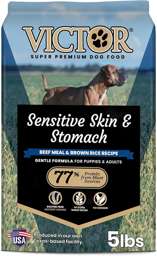 VICTOR Super Premium Dog Food — Sensitive Skin and Stomach — Beef Meal & Brown Rice Recipe Dry Kibble — Gluten Free, No Chicken, Ideal for Dogs with Allergies — Adult and Puppy Food, 5 lb