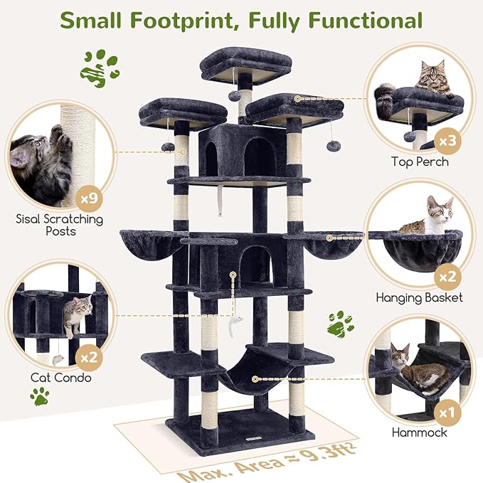 Globlazer Big Cat Tower for Indoor Cats, 80inch Cat Tower for Multiple Adult Cats XXL Cat Tree with Scratching Post, Hammock, 3 Perches, 2 Condos, 2 Hanging Basket, F80, Dark Grey