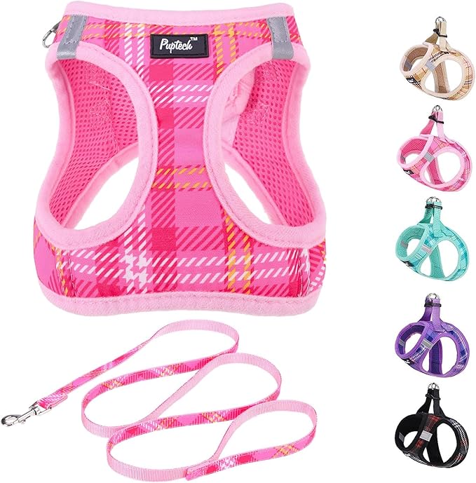 PUPTECK Dog Harness and Leash Set for Small Medium Dogs No Pull Step-in Soft Mesh Puppy Cat Vest Harnesses Reflective at Night, Plaid Pattern Pink M