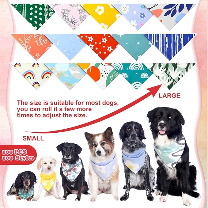 Huhumy 100 Pcs Boho Dog Bandanas Bulk Pet Bibs Colorful Triangle Scarf Boho Pet Bandanas for Medium Large Dogs Spring Summer Birthday Costume Decoration