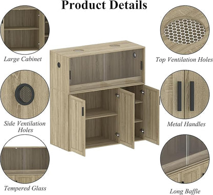 DAWNSPACES Terrarium Stand, Bearded Dragon Cage, Reptile Tank Stand Enclosure, Terrarium Table with Tempered Glass, Ventilation Holes and 2 Cabinets for Living Room, Light Oak Color