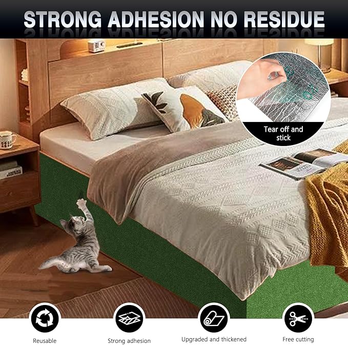 2Pack Total 78.7"x15.8" Cat Scratch Mat for Cat Couch Furniture and Wall Protector | Trimmable Self-Adhesive Carpet Climb Cat Scratcher for Covering Cat Tower and Replacement Pads (Green)