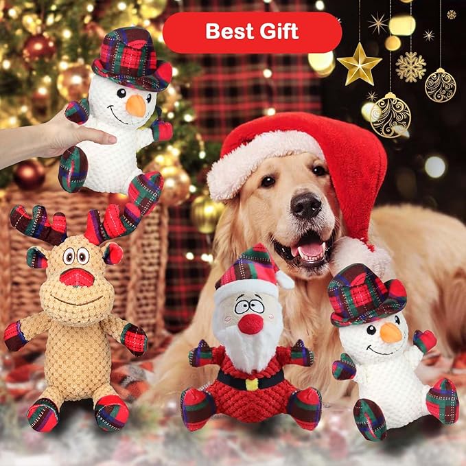 Dog Squeaker Toys, Plush Dog Toy with Squeaker, Cotton Material, Daily Entertainment & Relieve Anxiety, Chew Toy for Dogs, Not Water Resistant (Large, Christmas)