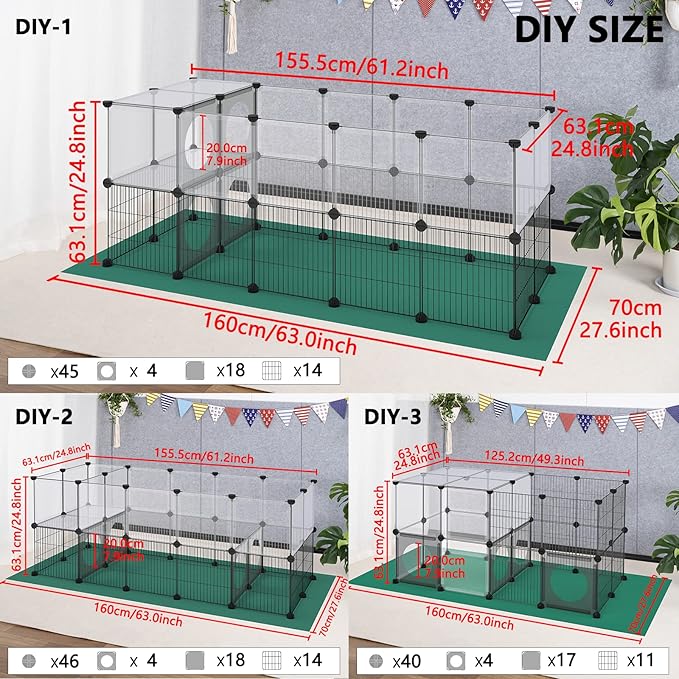 DINMO Small Animal Playpen with Oxford Mat, 24 inches Height, Pet Exercise Fence, Home Protector, Iron Mesh and Plastic Combination, Visualization, DIY, Games Hole Series, 60.2 x 24.8 x 24.8inch