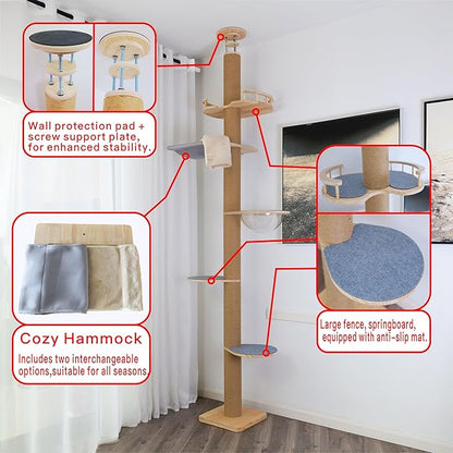 Floor to Ceiling Cat Tree Height (50-120in) Adjustable Cat Tower 5 Tier Hemp Scratching Post High Cat Tree Sturdy Activity Tree Indoor Outdoor Cat Scratching Post Activity Center