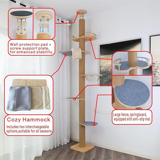 Floor to Ceiling Cat Tree Height (50-120in) Adjustable Cat Tower 5 Tier Hemp Scratching Post High Cat Tree Sturdy Activity Tree Indoor Outdoor Cat Scratching Post Activity Center