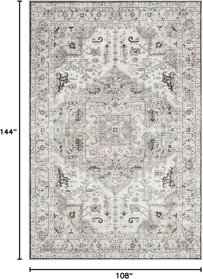 9x12 Area Rugs for Living Room, Machine Washable Non Slip Vintage Rug, Non-Slip Stain Resistant, Large Soft Home Decor Rug for Bedroom Dining Room (Brown/Ivory,9'x12')