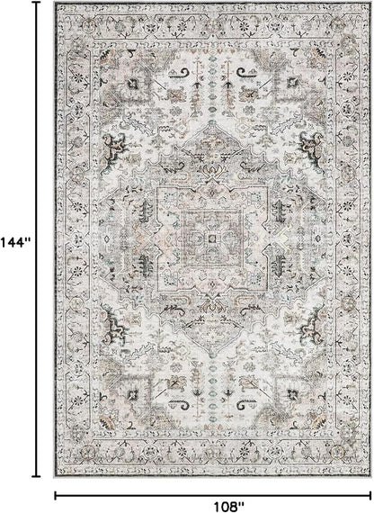 9x12 Area Rugs for Living Room, Machine Washable Non Slip Vintage Rug, Non-Slip Stain Resistant, Large Soft Home Decor Rug for Bedroom Dining Room (Brown/Ivory,9'x12')