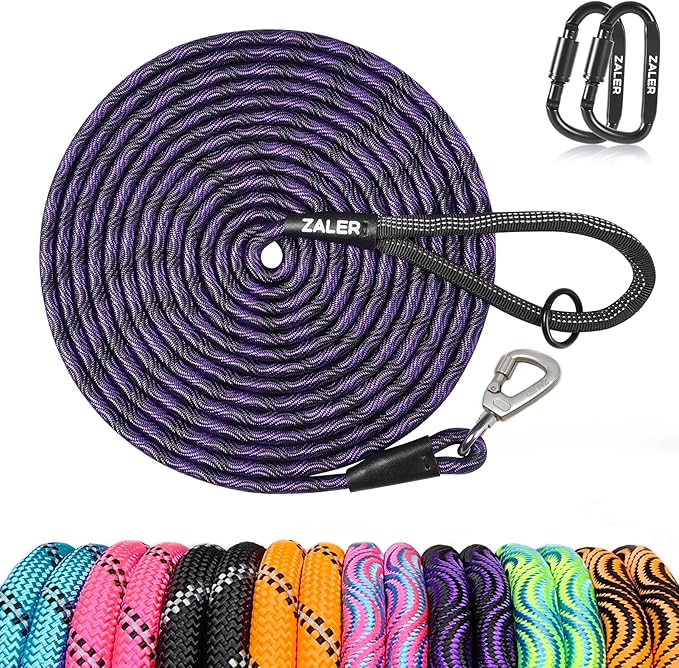 ZALER Long Dog Leash, 50 feet 30ft 20ft 15ft 10ft Dog Training Lead, Heavy Duty Check Cord Recall Leash for Dogs Training, Playing, Camping, or Backyard (20FT, Black Purple)