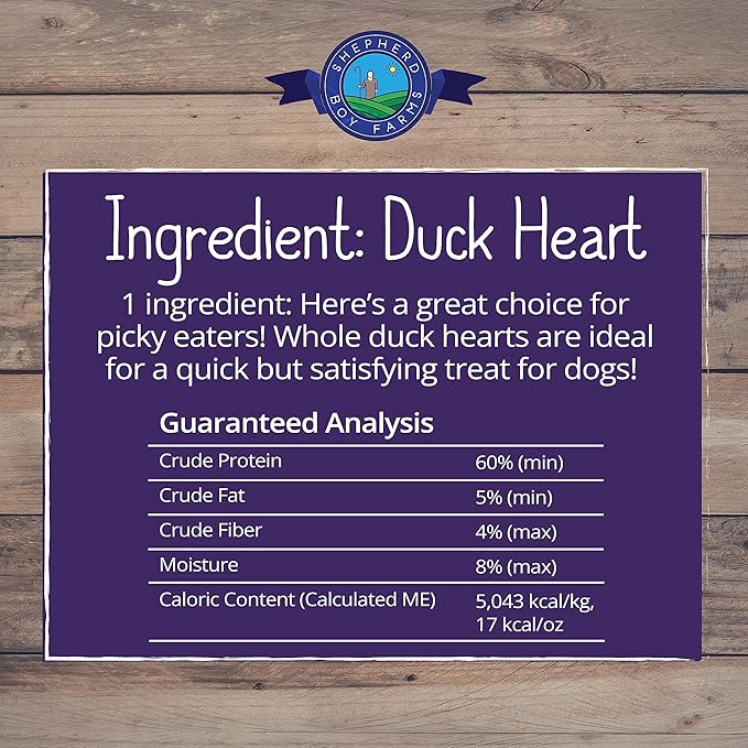 Shepherd Boy Farms Freeze Dried Dog and Cat Treats, Duck Heart, All Natural Freeze-Dried Dog Treat & Snack, Made in USA, High in Protein, Essential Nutrition of Raw Food, Single Ingredient 3oz