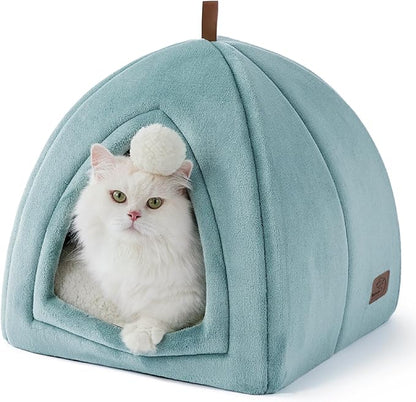Bedsure Cat Beds for Indoor - 2 in 1 Cat Cave House Tent for Kittens and Small Pets with Removable Washable Cushioned Pillow, Foldable Kitten Hideaway with Non-Slip Bottom, Ocean Blue, 16 inches